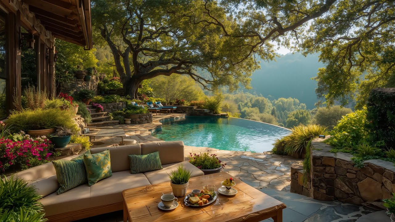 Peaceful Morning Coffee Jazz by a Forest Infinity Pool 🍃 Smooth Jazz & Nature Sounds