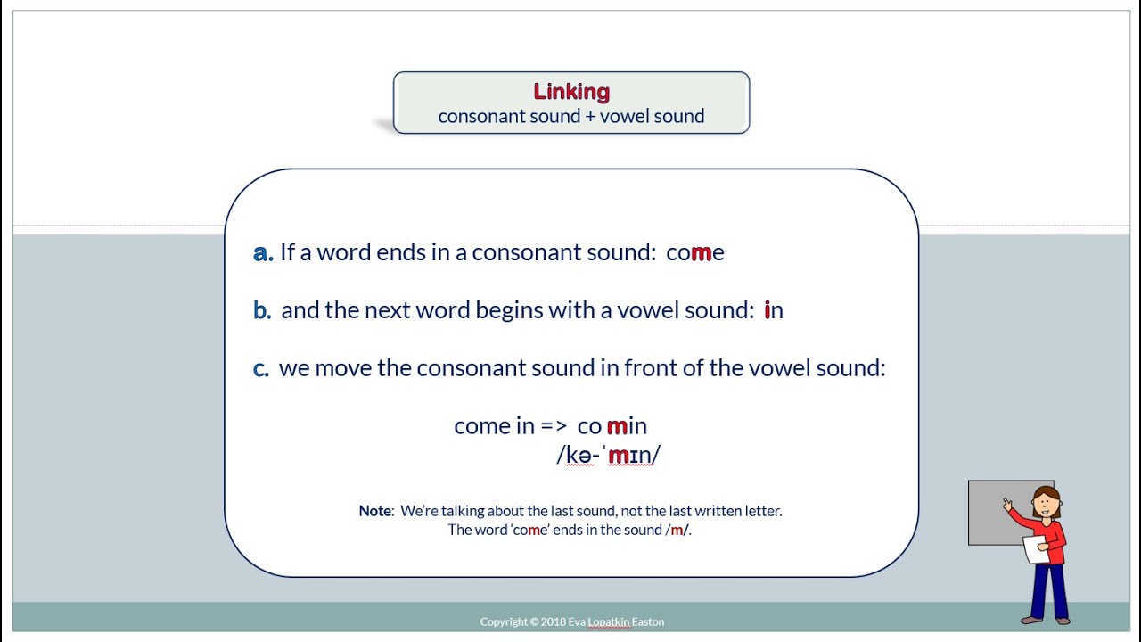 Linking:  consonant sound + vowel sound
