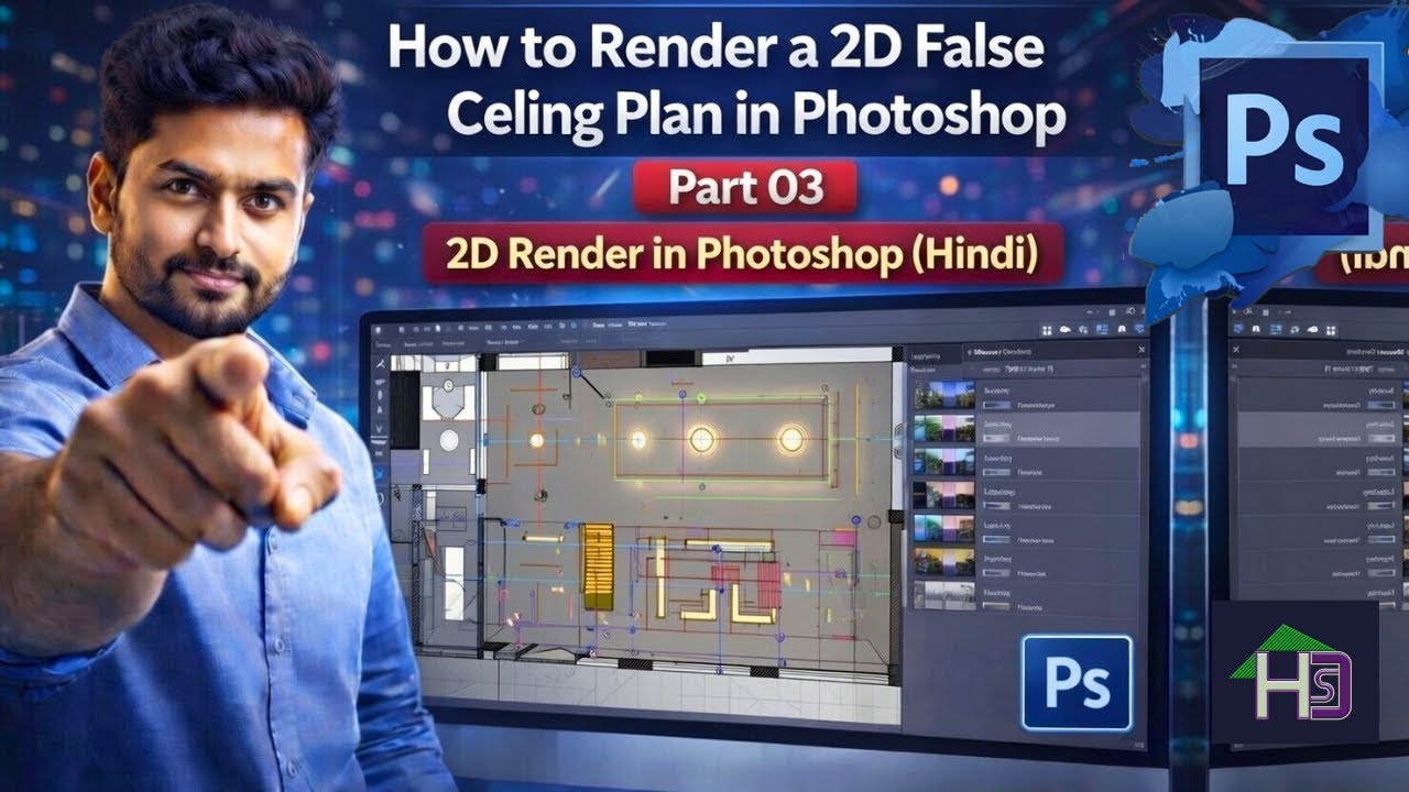 How to Render a 2D False Ceiling Plan in Photoshop | Part 03 | 2D Render in Photoshop (Hindi)