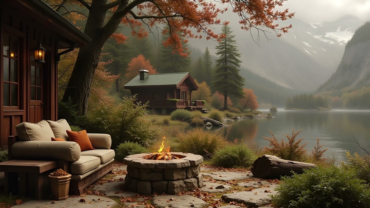 Cozy Lakeside Cabin: Autumn Fire Pit and Tranquil Nature Sounds For Enjoy Relaxing Sounds