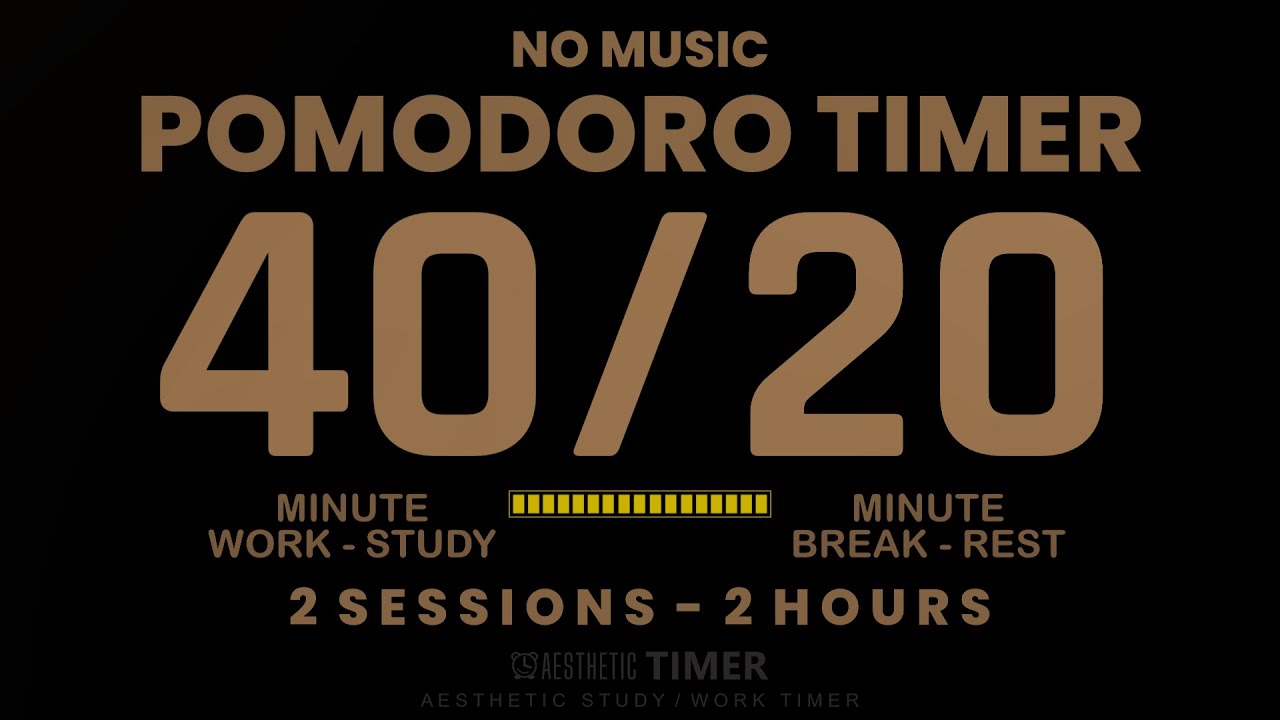 Pomodoro 40 / 20, No Music, 2 Hour Study Timer, 40 Minute Study, 20 Minute Break, ADHD Friendly