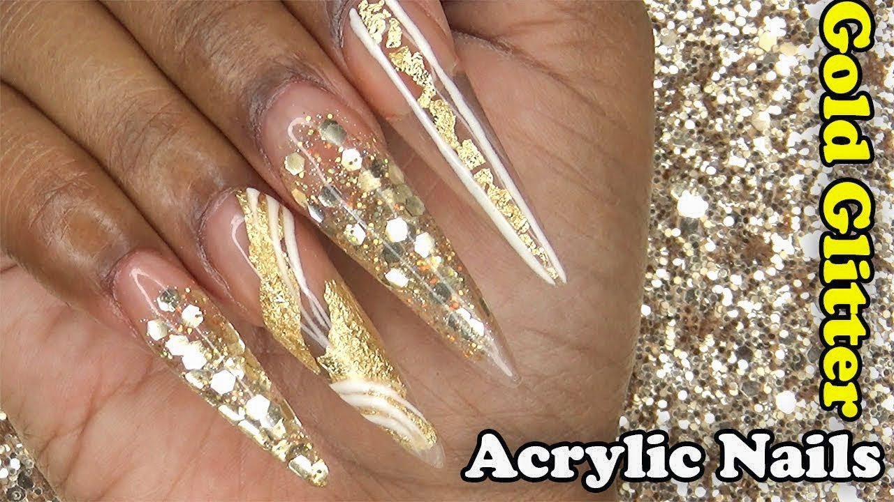 Acrylic Nails Tutorial - How To Encapsulated Nails - Gold Glitter and Gold Foil - with Nail Forms