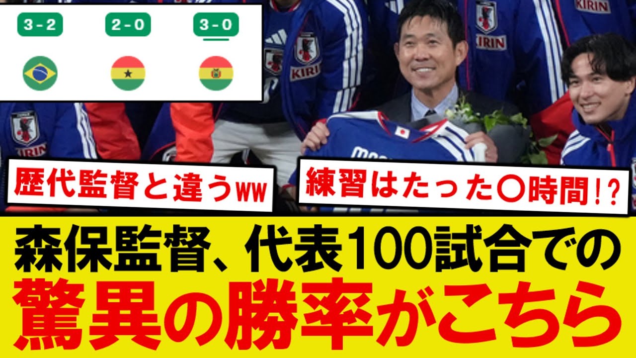 【衝撃】森保監督、日本代表100試合での驚異の勝率がこちらwwww