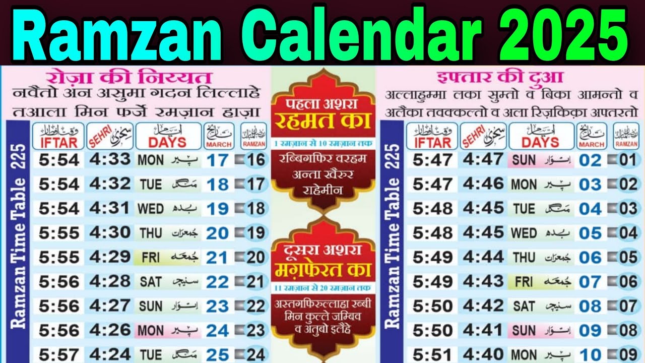 Sehri Iftar Time Table 2025 | Ramadan Calendar 2025 | Ramzan Time Table 2025