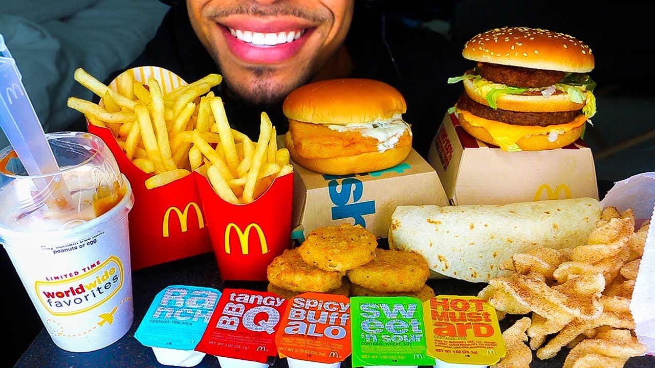 ASMR MCDONALDS MUKBANG BIG MAC CHICKEN NUGGETS BURRITO CINNAMON TWIST INTERNATIONAL MCFLURRY EATING