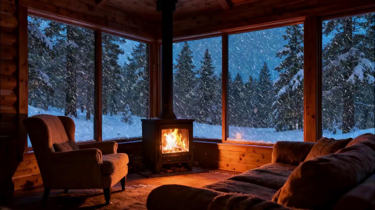 Fireside Soul Lounge 🔥 Cozy Winter Cabin Night with Fireplace, Books & Falling Snow