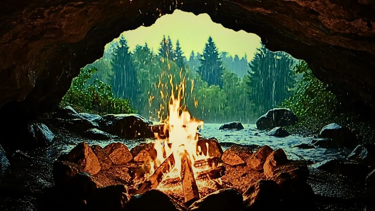 Cozy Cave Ambience with Crackling Fire & Rain Sounds 🌧️🔥 Deep Healing & Sleep