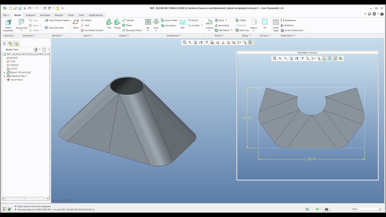 Creo Sheetmetal tutorial: How to create Blend feature - Rectangle to Circle