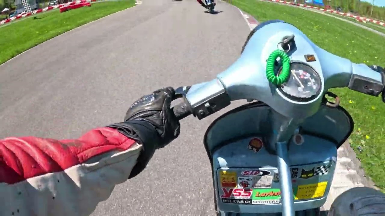 Reverse Race Moped GP East May 2025 - Kevin on his Vespa P200E