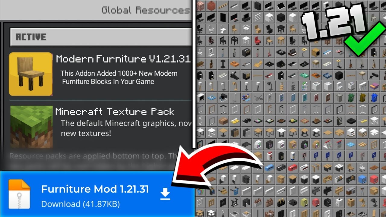 Best Modern Furniture Mod for Minecraft Pe 1.21.61+ ( BE ) || 1000+ Modern Furniture Blocks