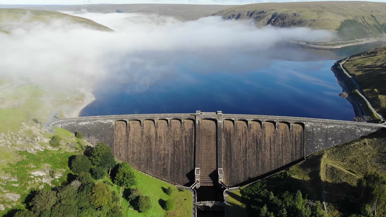 Claerwen Dam and Reservoir - Elan Valley dams -  Wales 4k - drone footage