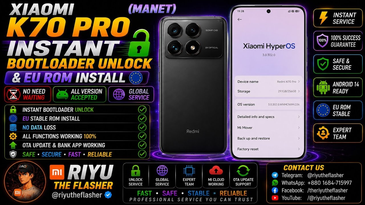 XIAOMI K70 PRO (MANET) HIGH VERSION INSTANT BOOTLOADER UNLOCK AND EU ROM INSTALL✅🆗NO NEED WAITING❌