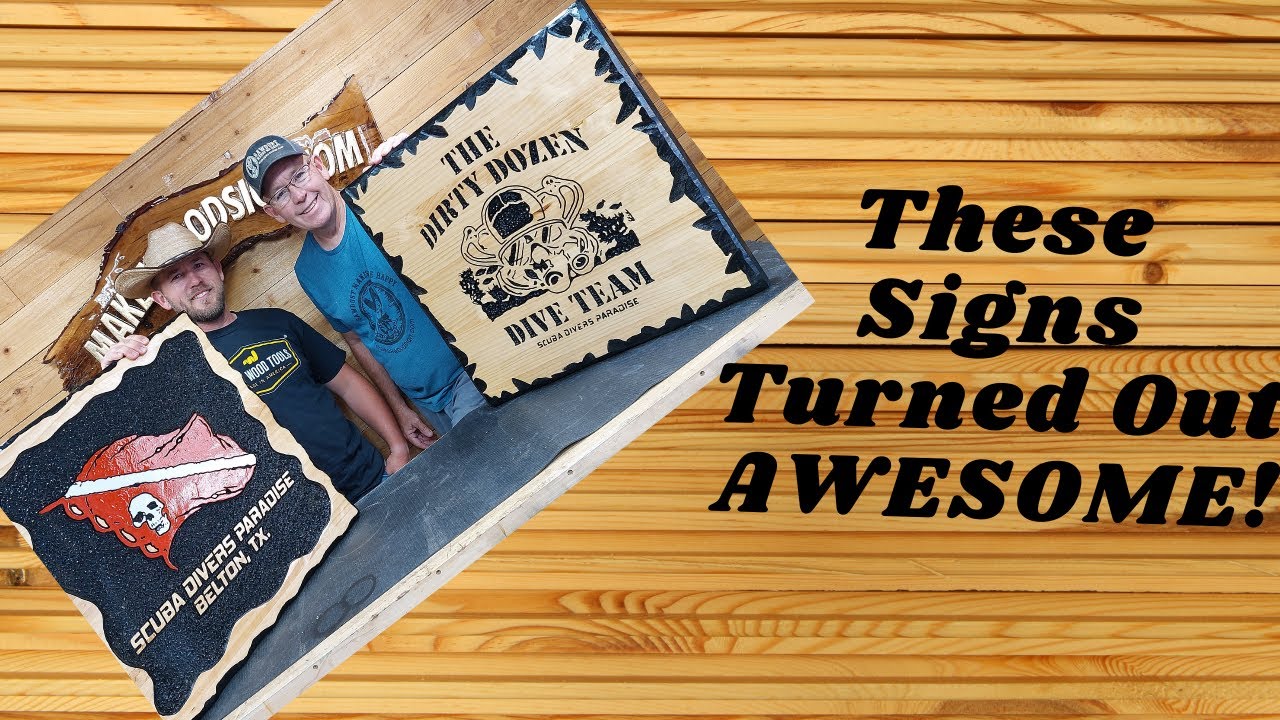 #684 Sanding, Finishing, and Painting 2 Large Scuba Signs  -  Hand Carved Wooden Signs