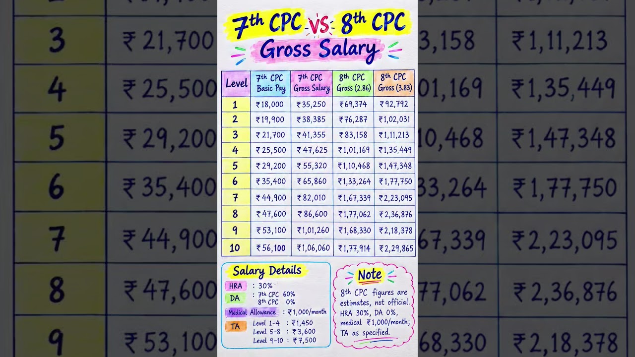 7th CPC vs 8th CPC Gross Salary 😳 |Level 1-10 | 8th Pay Commission Salary