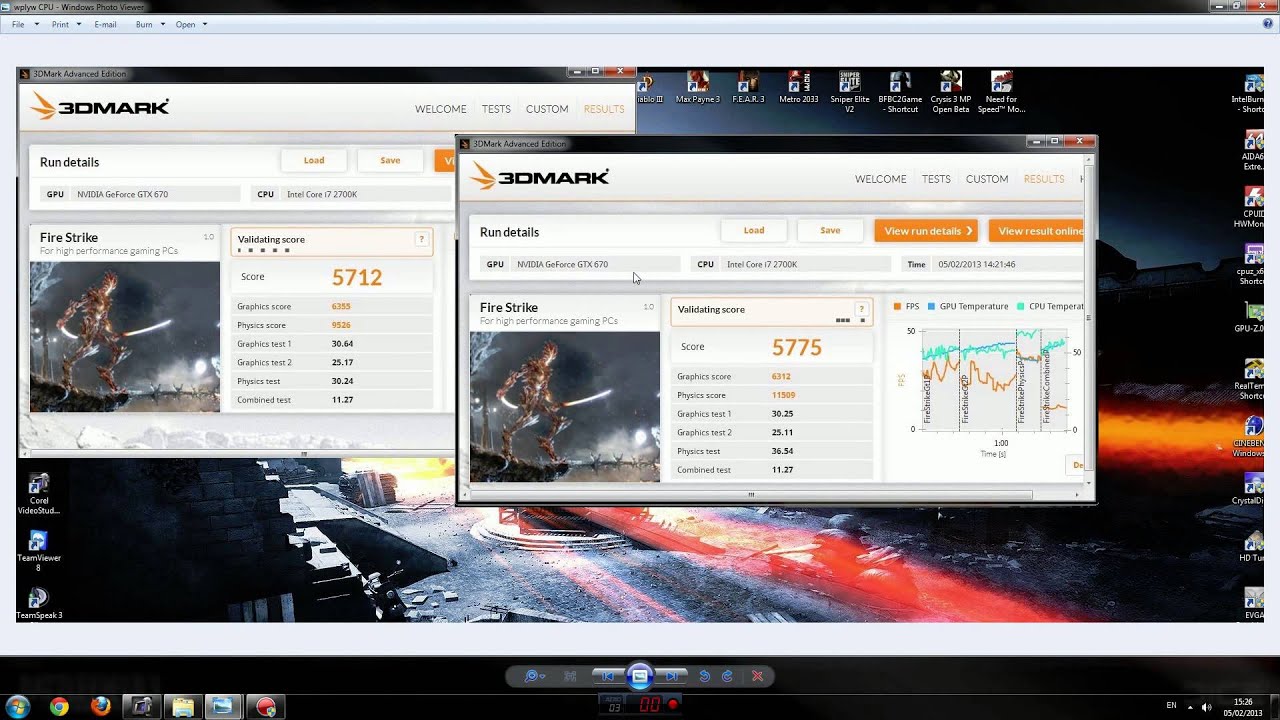 3DMark - 2013 wyniki, wpływ OC CPU i GPU - i7 2700K i GTX670