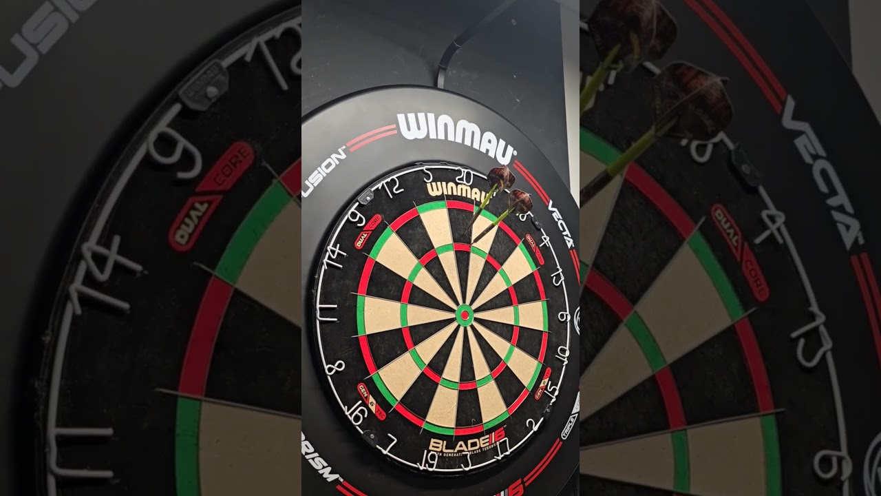 Winmau Blade 6 dual core dart board & surrround. Perfectly lit with the Apollo light from Tex Darts.