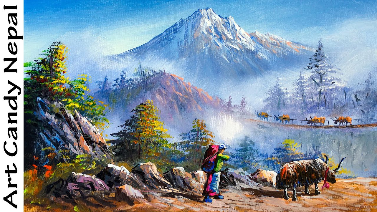 Yaks and Porter Crossing Bridge |Acrylic Landscape Painting in Time-lapse |Nepali Landscape Painting