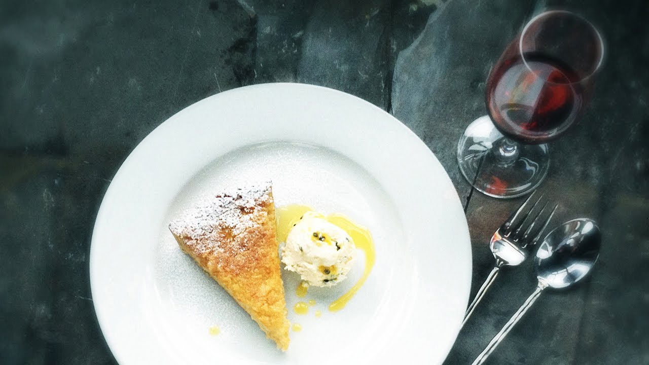 Coconut tart with passion fruit ice cream