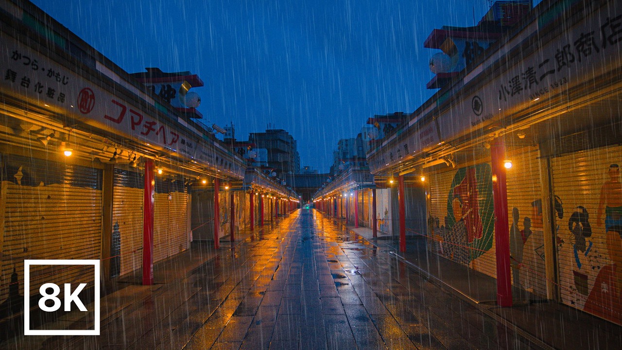 Midnight Rain to Dawn in Asakusa / 8K 60fps HDR / Calm Piano + Natural Rain Sound