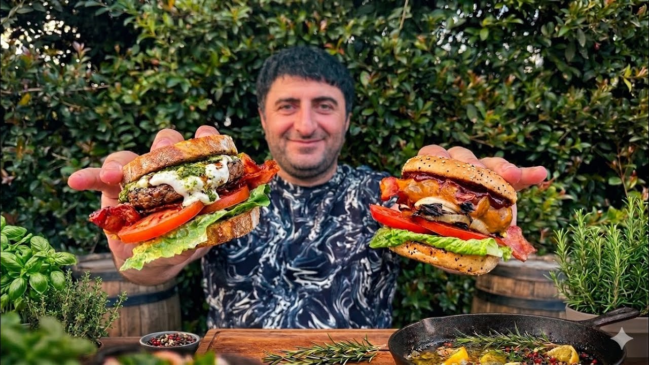 “Тройной вкус : бургеры из говядины, курицы и оленины на мангале”