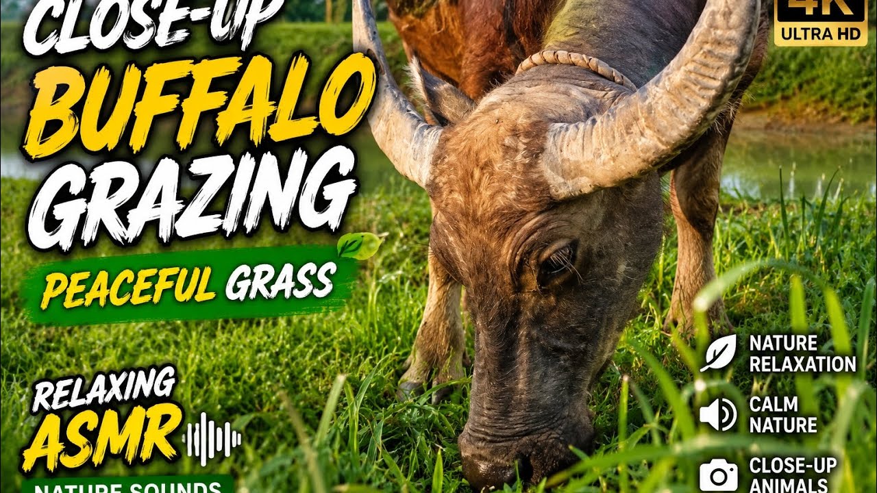 Close-Up Buffalo Grazing Peaceful Grass | Relaxing ASMR #BuffaloGrazing #ASMRNatureSounds 