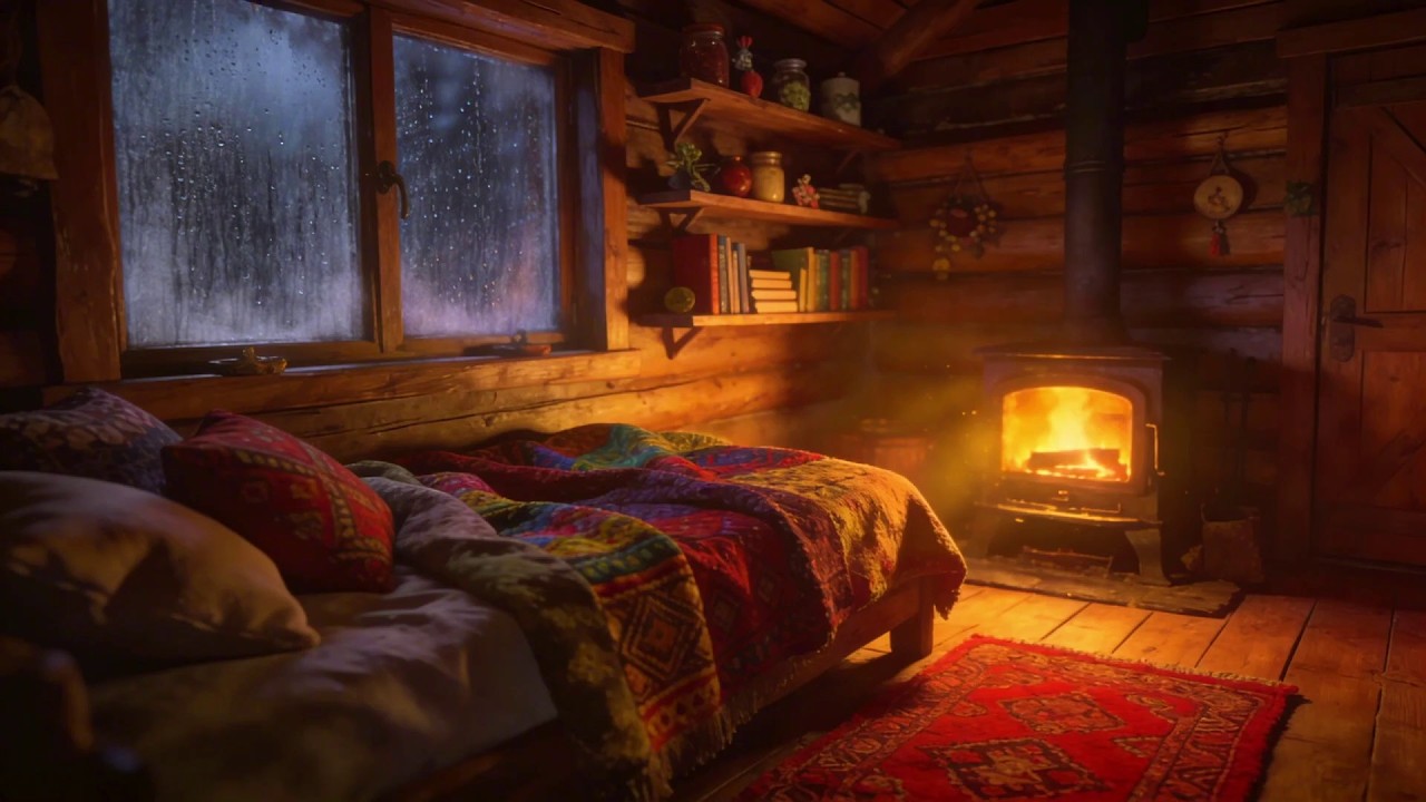 Quiet Night Rain Drizzle and Gentle Fireplace Crackles for Deep Relaxing Sleep
