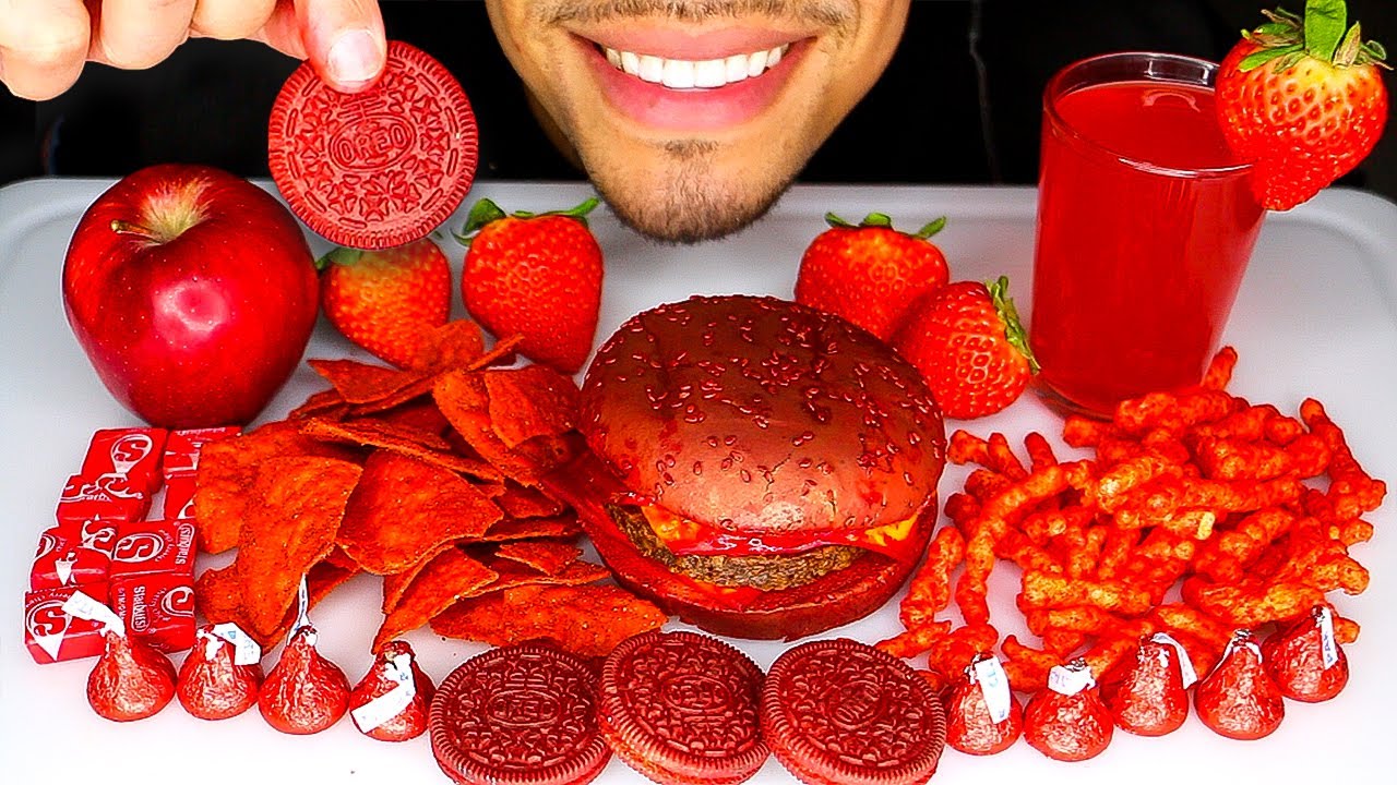 ASMR RED FOOD ONLY MUKBANG RED CHEESEBURGER RED CANDY RED FRUIT EATING SOUNDS JERRY COLOR PARTY