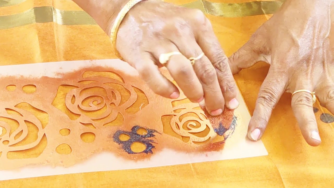 stencil painting for saree||fabric painting||with shaving brush and sponge||metalic paints||intelugu