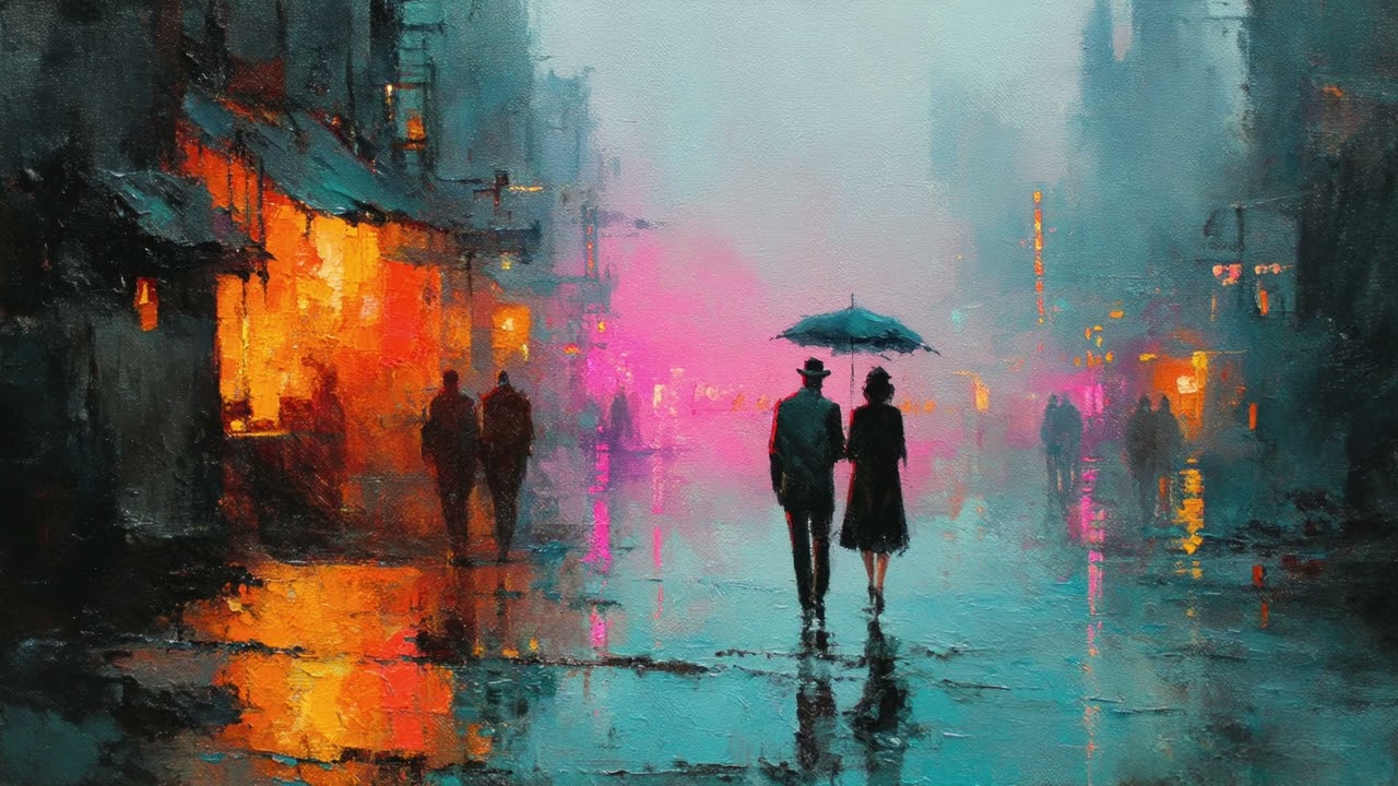 Neon Rain City Stroll | 1 Hour Cinematic 4K Oil Painting TV Wallpaper Ambience