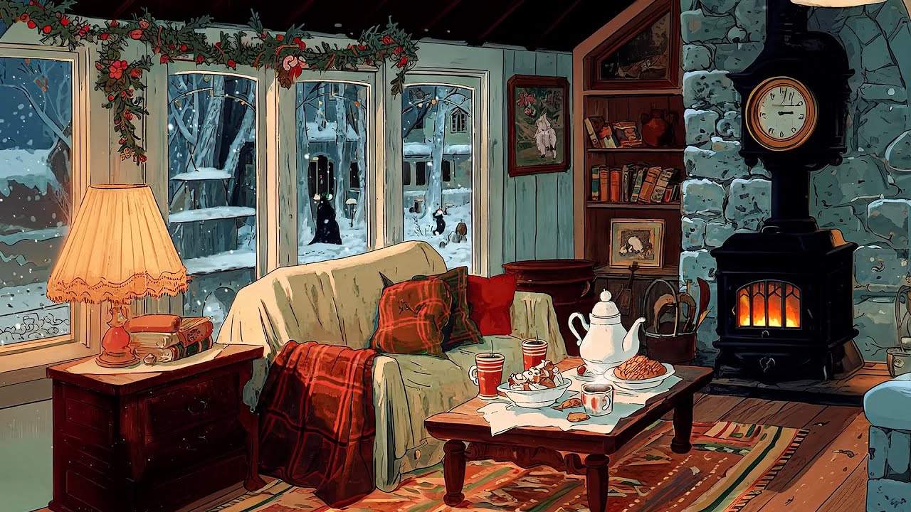 you’re in the 1950s listening to vintage oldies on a cozy snowy cottage | Crackling Fire