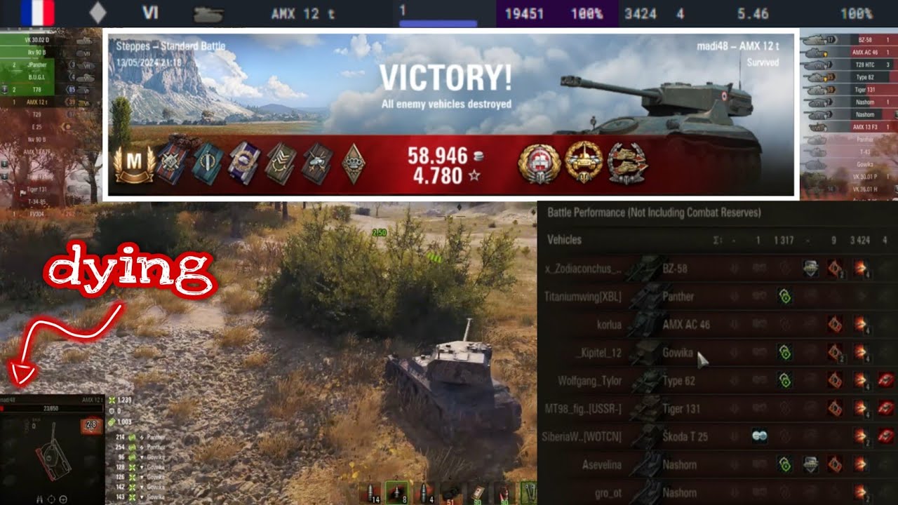 AMX 12 t 3,4k damage. 1,3k assist. Steppes map, WOT replay.