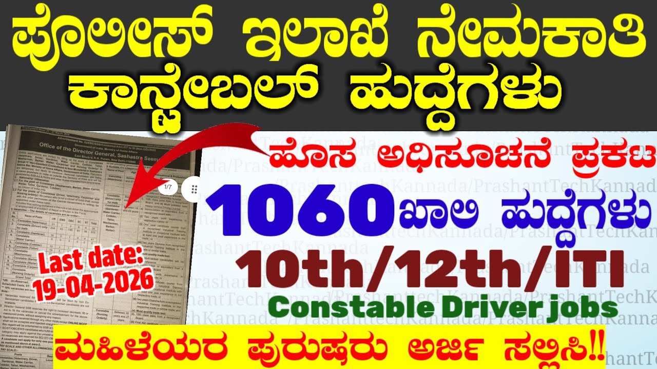 1060 SSB Recruitment 2026- Head Constable | Driver Jobs | ಪೊಲೀಸ್ ಇಲಾಖೆ ಹುದ್ದೆಗಳು | Karnataka