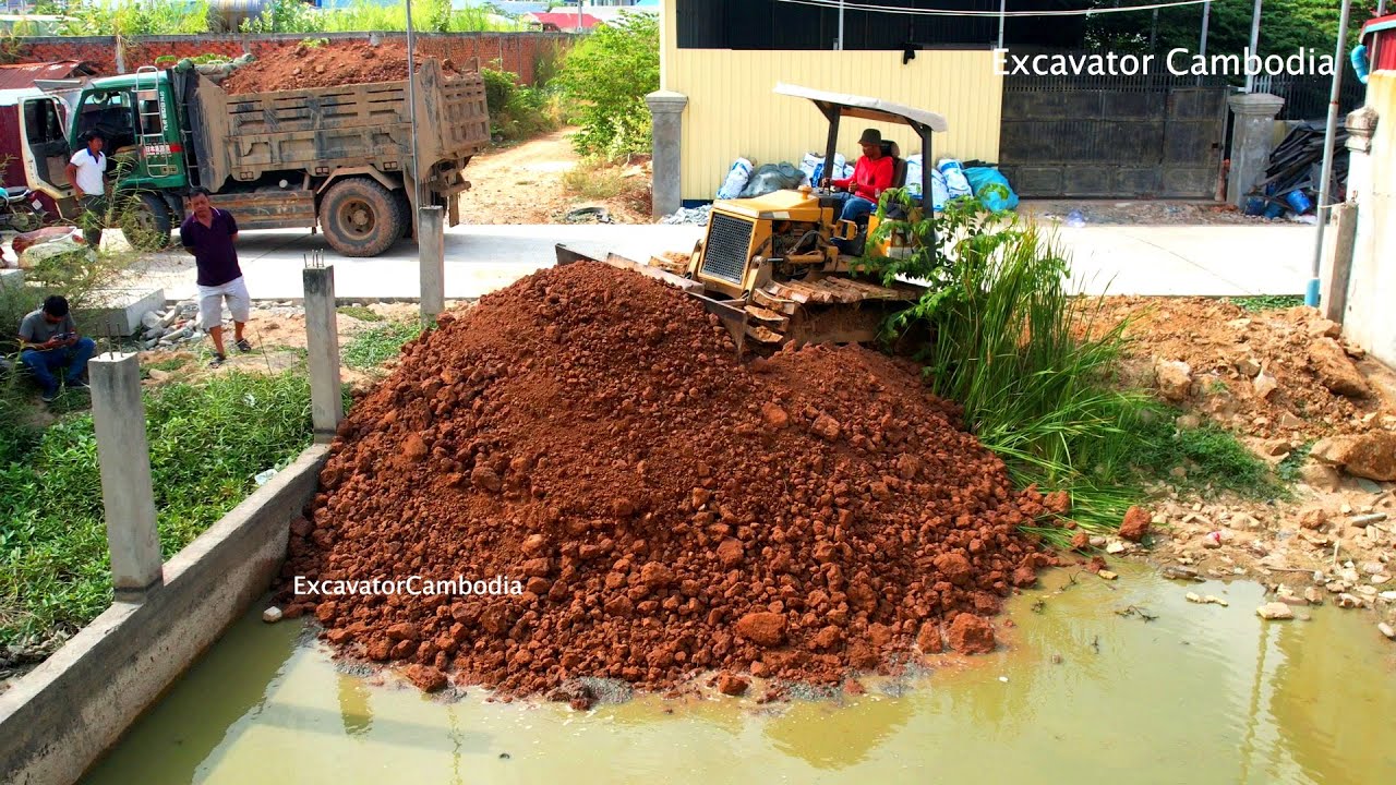 Full Video Plan Landfill By Mitsubishi B2J Dozer Pushing Soil And 5Ton Dump Truck Unloading Soil