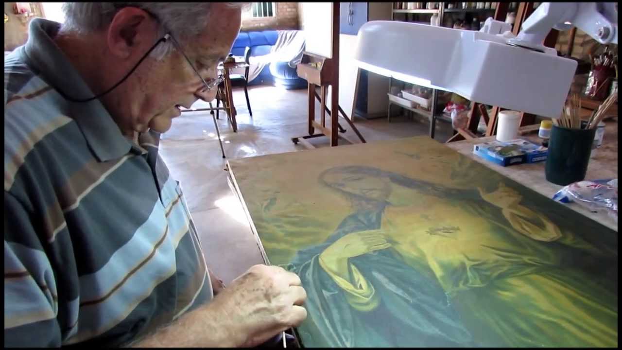 Teste de solventes para restauro de pintura, com Nirceu Helena.