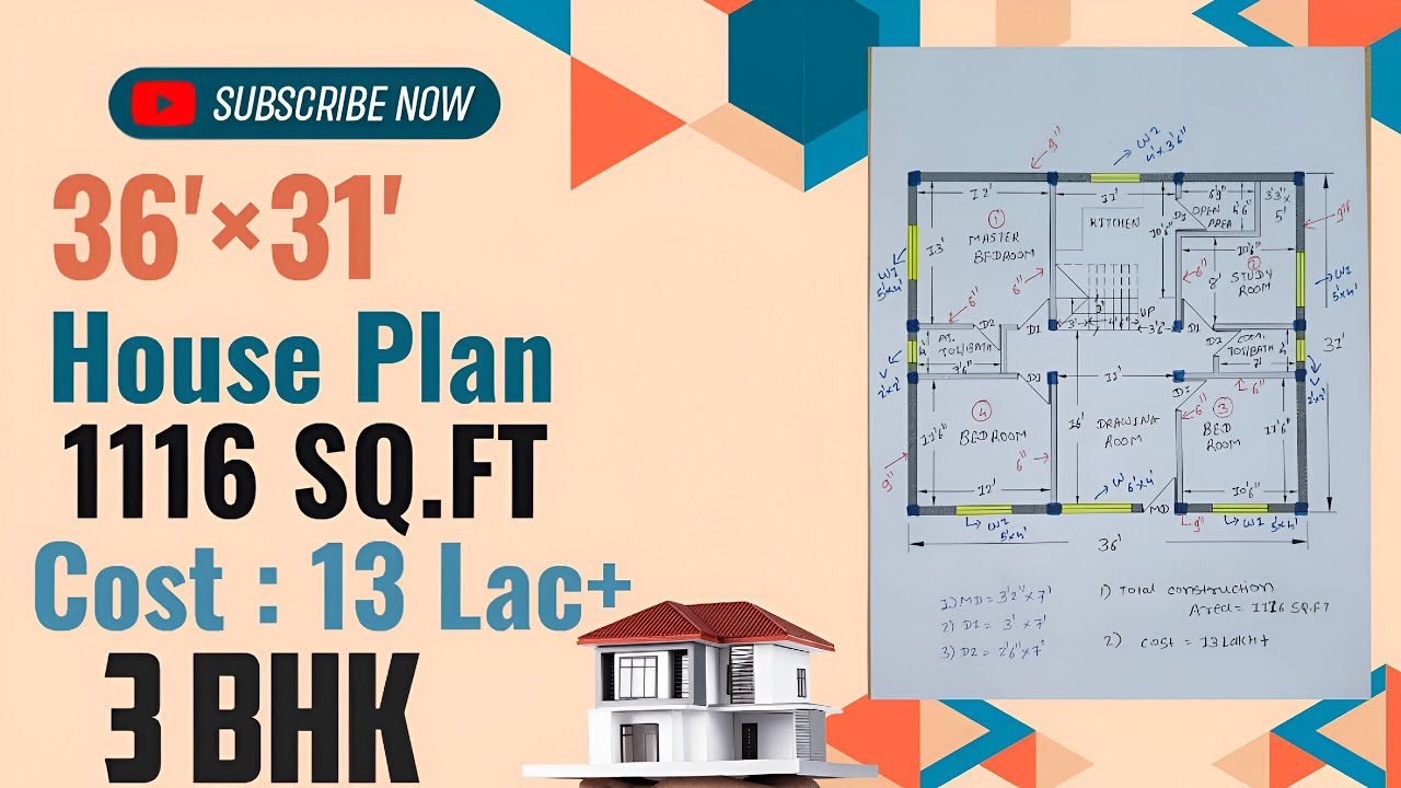 36X31 House Plan|1116 Square feet|3BHK house plan|36by31 House Plan in 13Lakh|36*31 Ghar ka Naksha