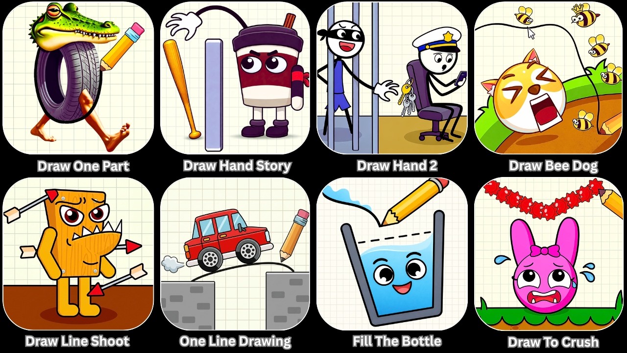 Draw One Part,Draw Hand Story,Draw Hand 2,Draw Bee Dog,Draw Line Shoot,Draw To Crush,One Line Drawin