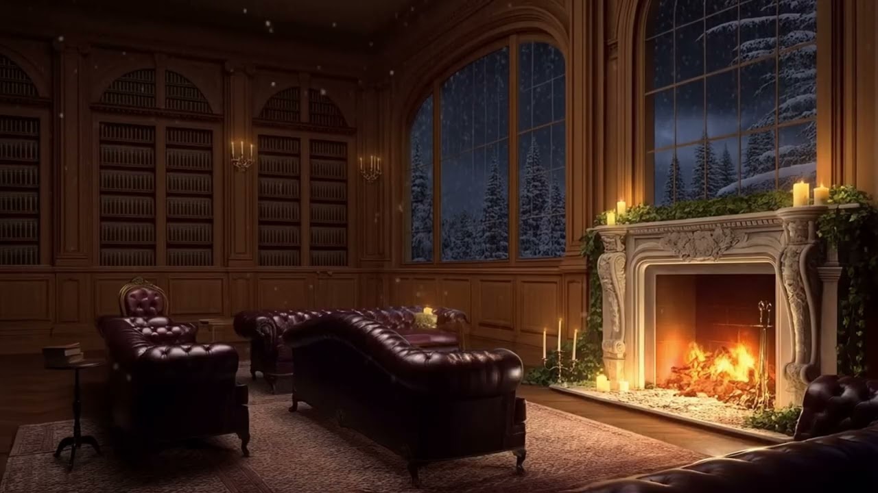 Midnight Fireplace in an Aristocratic Winter Library
