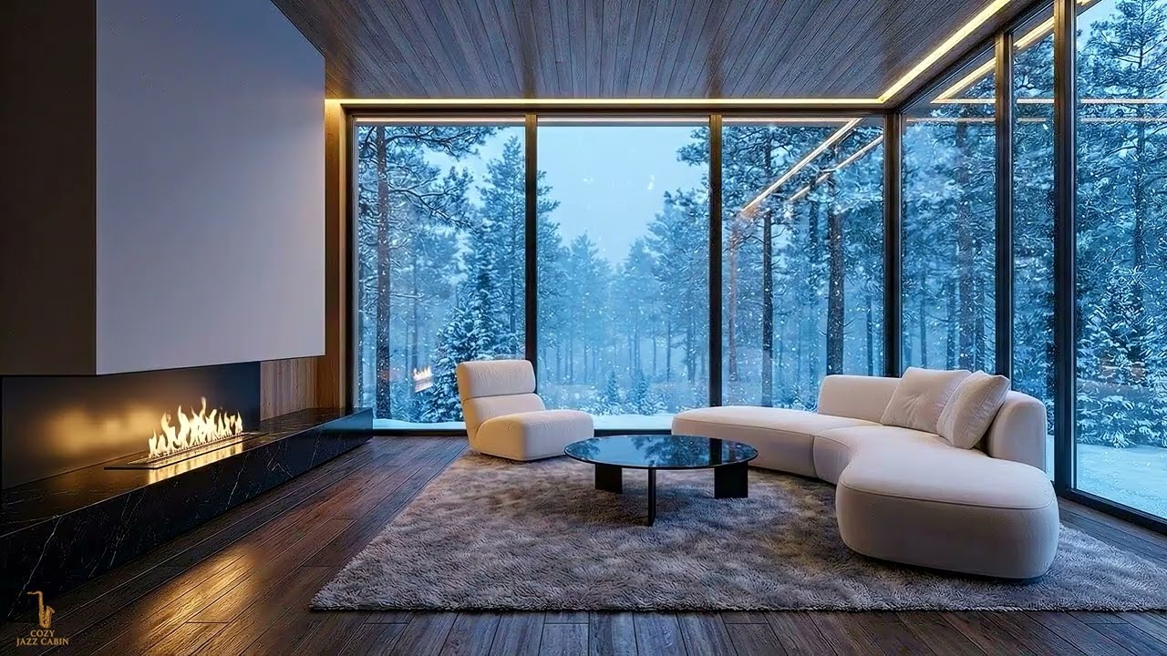 Peaceful Winter Cabin Ambience – Snowfall Ambience with Gentle Jazz for Deep Relax