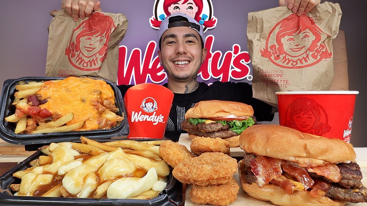 MUKBANG EATING Wendy's Chilli Cheese Fries, Baconator, Daves Double Burger, Poutine, Nuggets