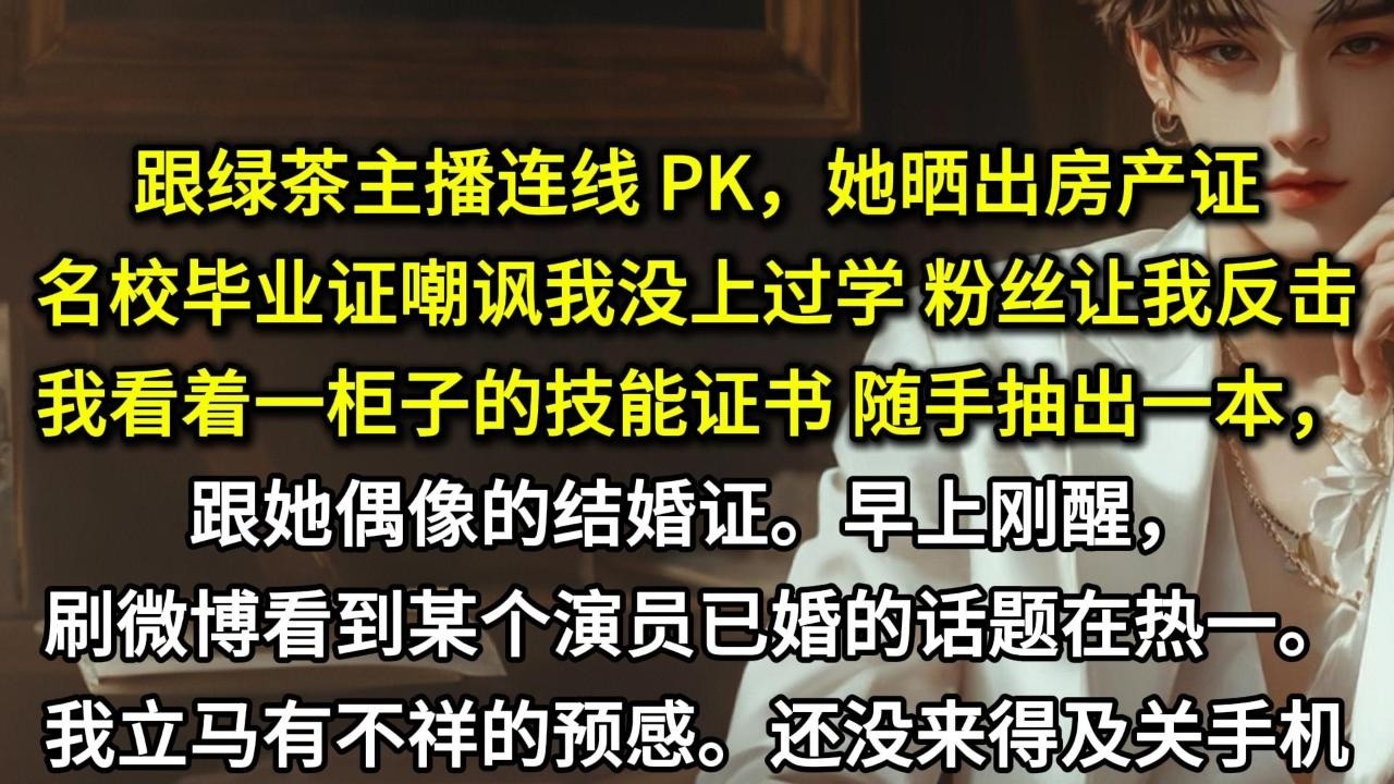 跟绿茶主播连线 PK，她晒出房产证名校毕业证嘲讽我没上过学。粉丝让我反击，我看着一柜子的技能证书，随手抽出一本——我跟她偶像的结婚证。早上刚醒，刷微博看到某个演员已婚的话题在热一。我立马有个不祥的预感