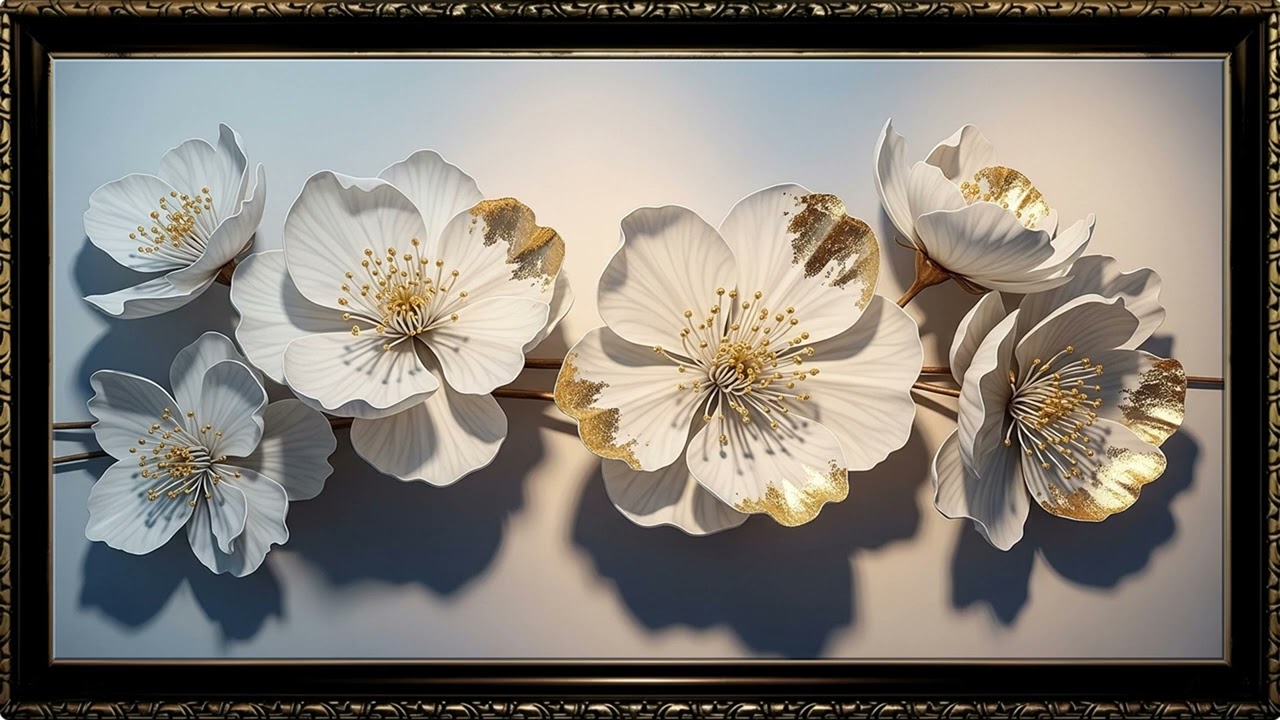 Premium White Blossom Canvas 4K | Luxury Gold Accent Interior Art