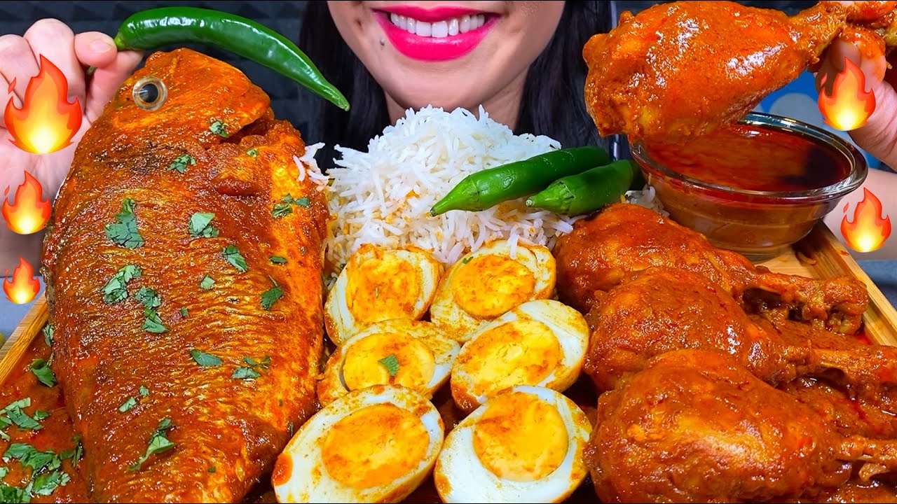 ASMR BIG FISH CURRY, CHICKEN CURRY, EGGS CURRY, CHILI, BASMATI RICE MUKBANG MASSIVE Eating Sounds