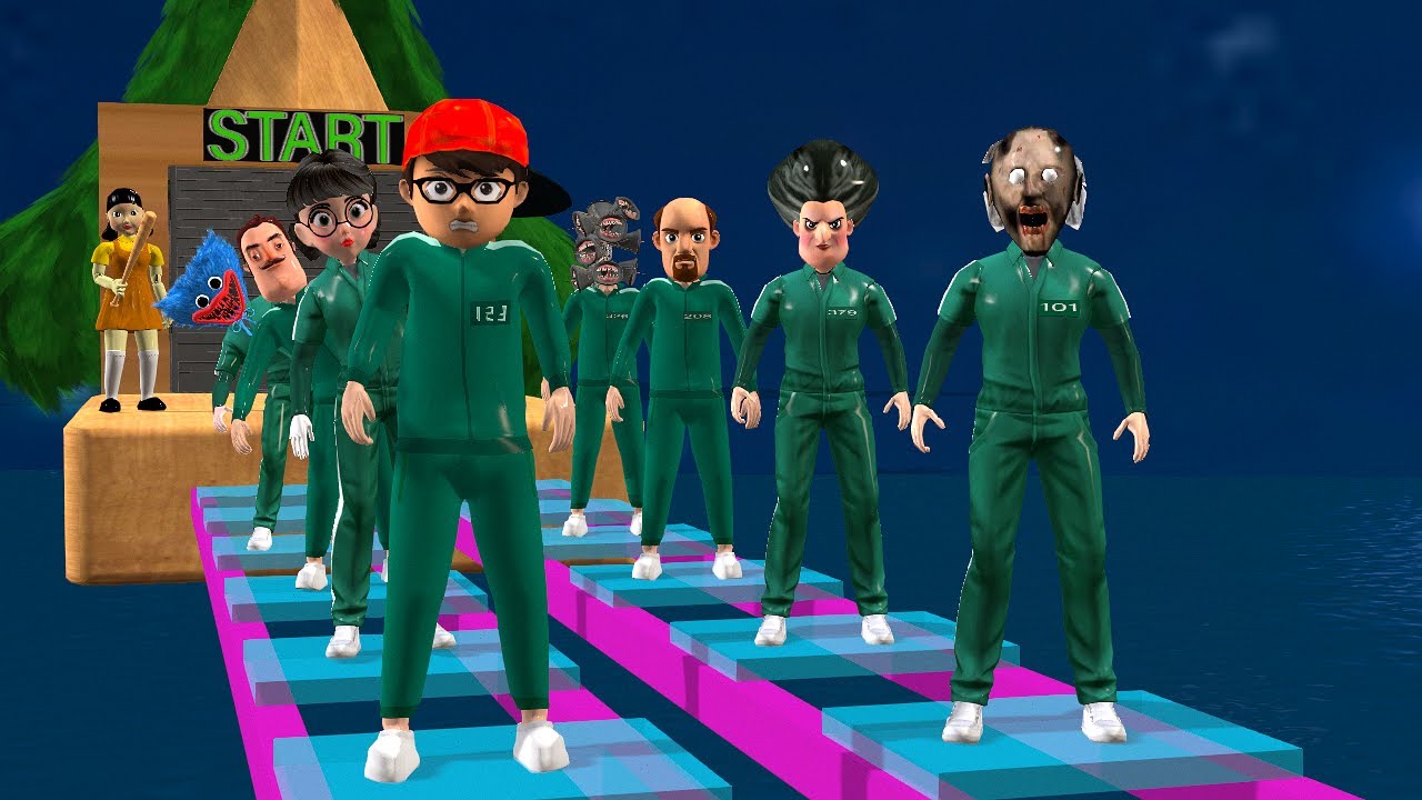 Scary Teacher 3D против Squid Game 2 Прыжки Попытка Испытание Стеклянного Мост Мисс Т против 3 Со...
