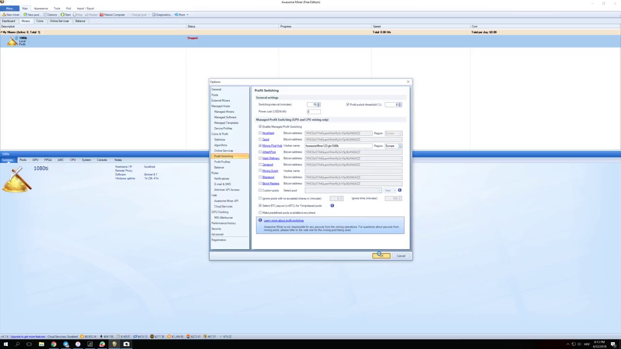 Awesome Miner mine on Mining Pool Hub