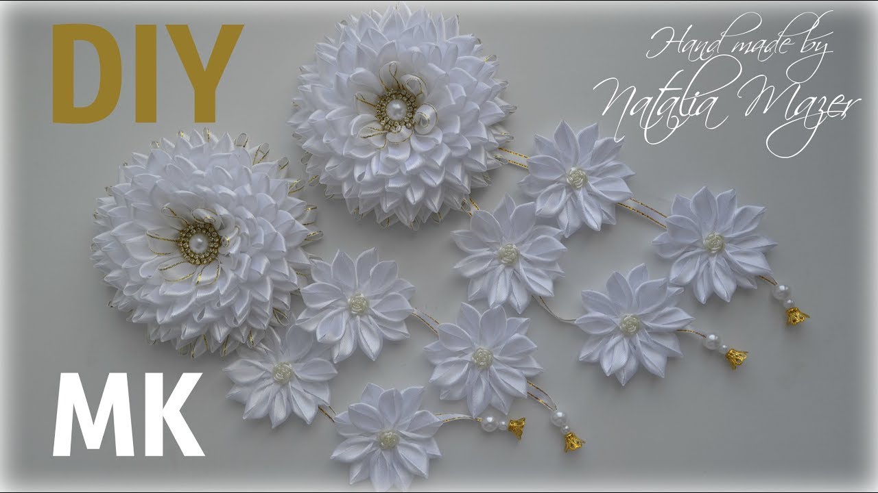 Канзаши Пышные белые банты на 1 сентября в школу мк DIY Kanzashi Ribbon flowers tutorial Hair bows