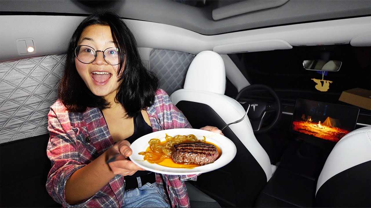 Cooking Steak While Camping in Tesla Model Y