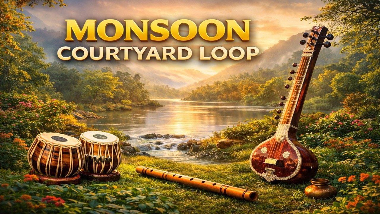 Monsoon Courtyard Loop 🌧️ 1 Hour Indian Instrumental Music | Relaxing Tabla, Bansuri & Sitar Nature