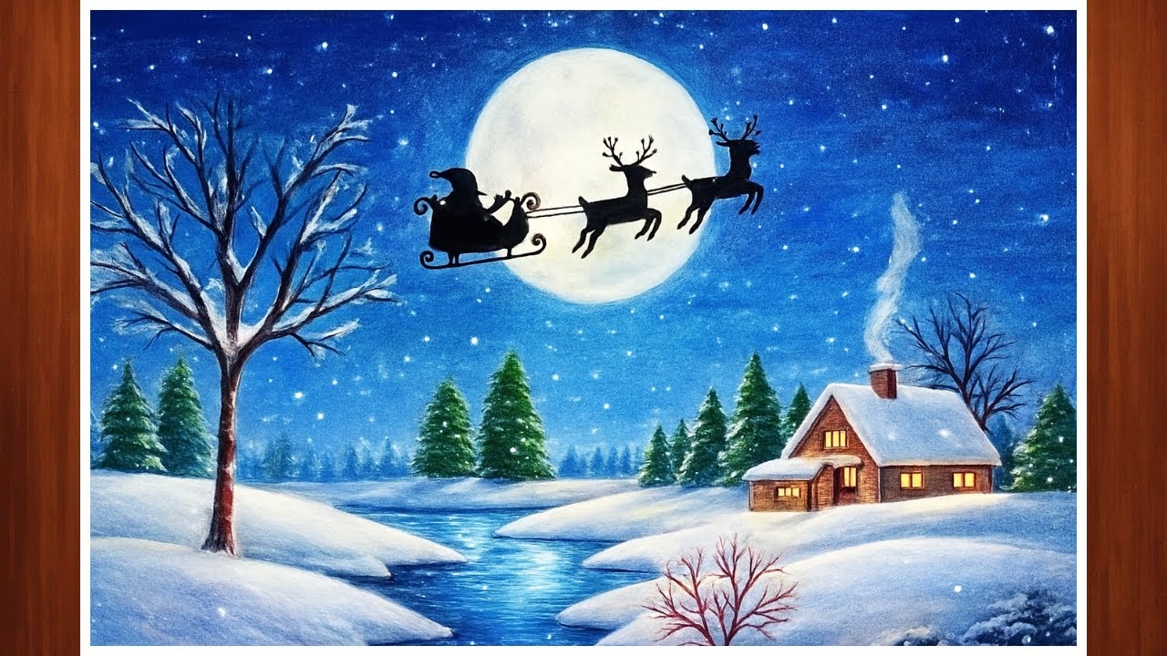 Beautiful Moon Light Oil Pastel Scenery | Easy Winter Snow Landscape Step by Step tutorial