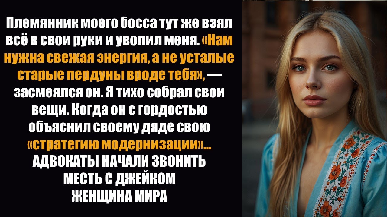 Племянник босса тут же меня уволил, заявив, что им нужна свежая энергия, а не уставшие старики;...