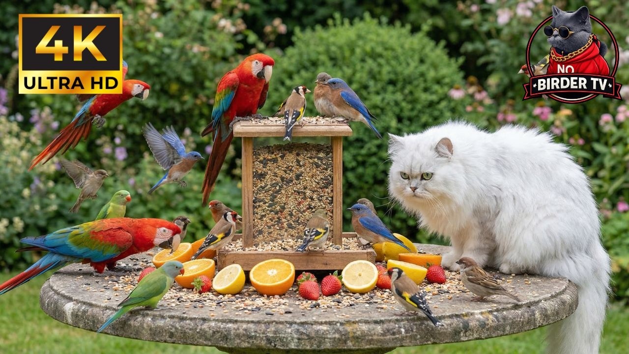 CAT TV NO ADS 🕊️ Милые птицы и активные белки у кормушки 🐿️ Видео для кошек 4K HDR